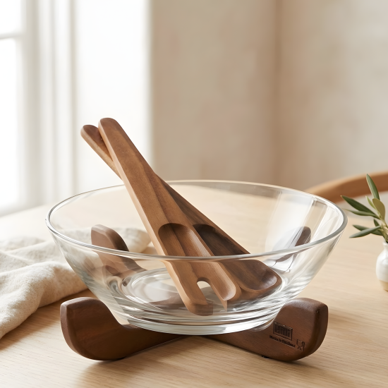Glass Bowl & Wooden Base With 2 Wooden Spoons